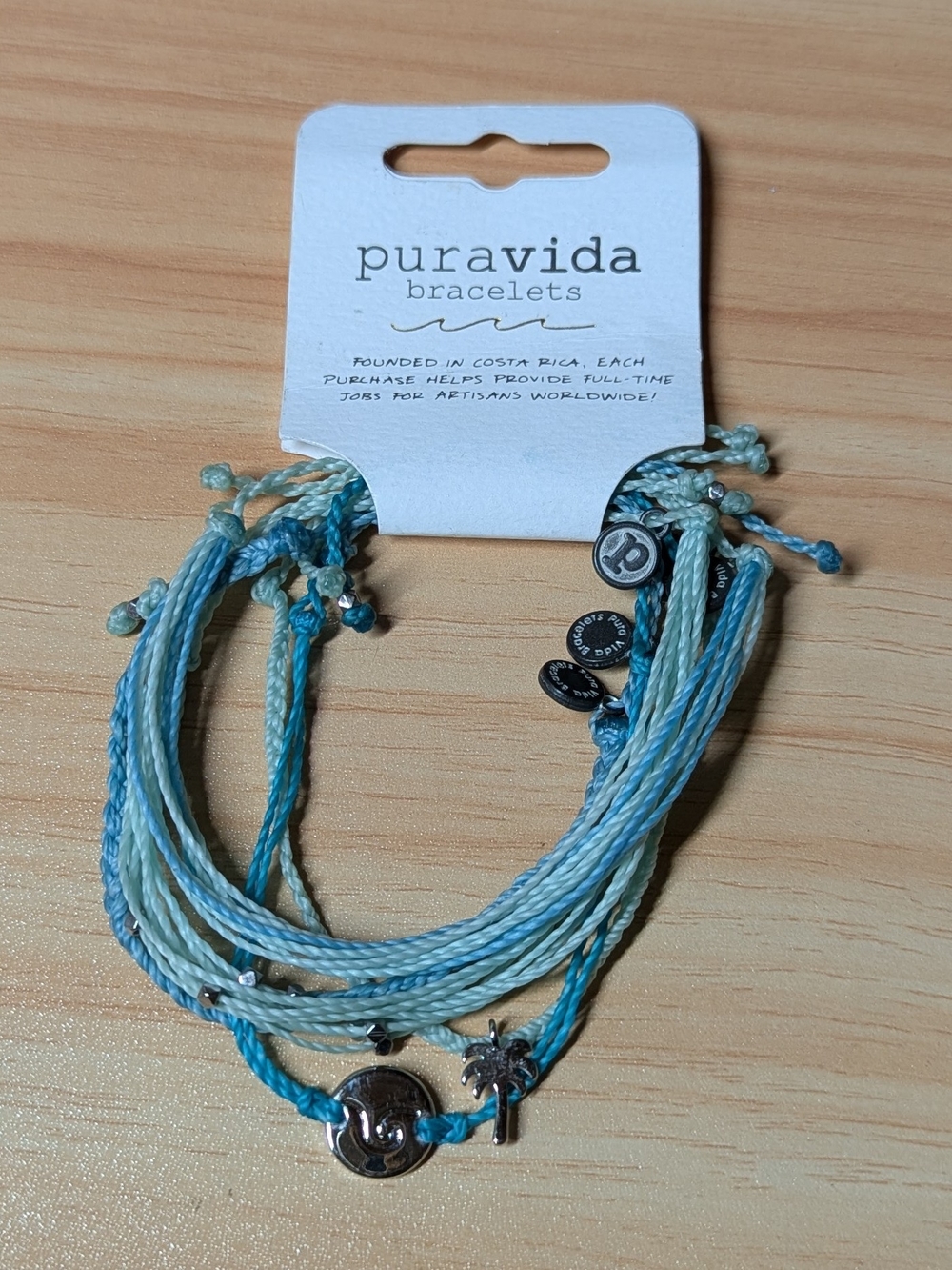 Pura Vida Teal, Aqua & Light Blue Layered Charm 5 Bracelet Set Palm Tree Beach